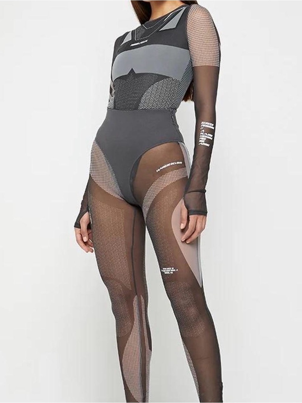 Maniere De Voir Charcoal and Light Gray Mesh Panel Bodysuit SET
